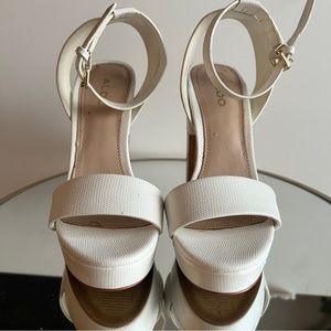 Aldo Pallidus White Strappy Faux Wood Block Heels